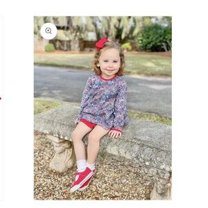 James & Lottie Girls Evie Bloomers Set - Blue Floral Top with Red Bloomers